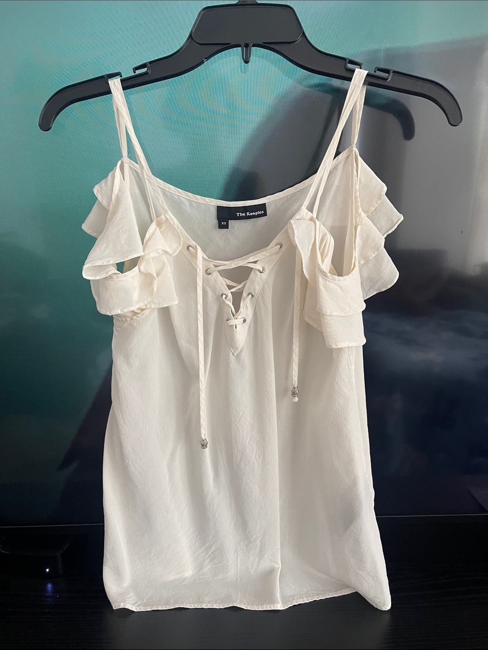 The Kooples Cream Lace-Up Cold-Shoulder Ruffle Camisole XS